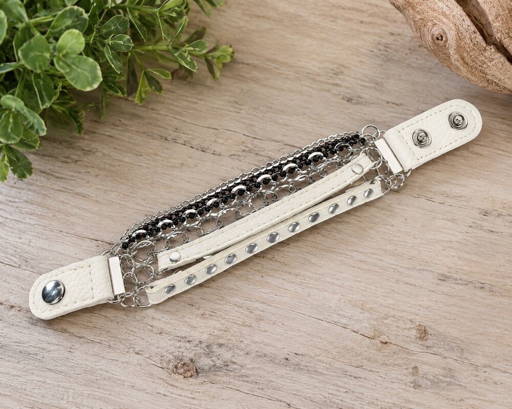 White Faux Leather Multi-Layer Chain Cuff Bracelet | Adjustable Punk Rock Style